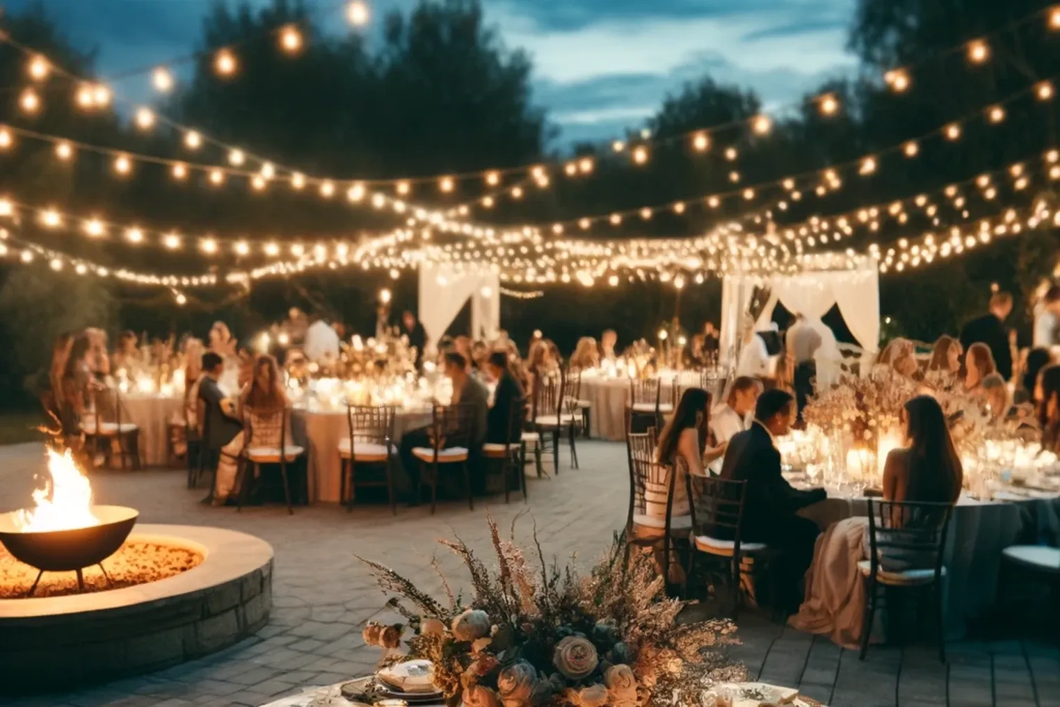 Guests dining under string lights beside a fire pit at night